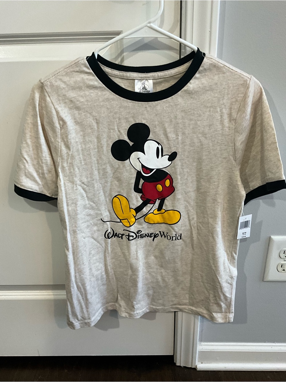 Disney Mickey Mouse Ringer Tee in Cream and Black with Yellow & Red Accents